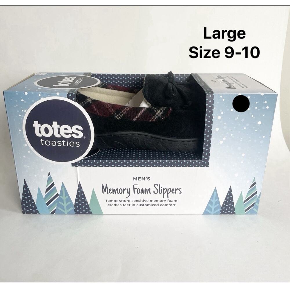 Totes Toasties Men's Memory Foam Slippers Navy Blue Corduroy‎ Plaid Large 9-10